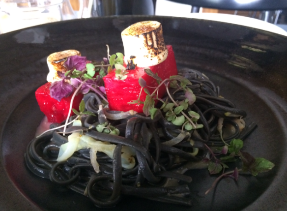 Hammer and Tong 412 - Squid ink fettucini, shaved calamari, beetroot pickled watermelon & goats cheese marshmallow